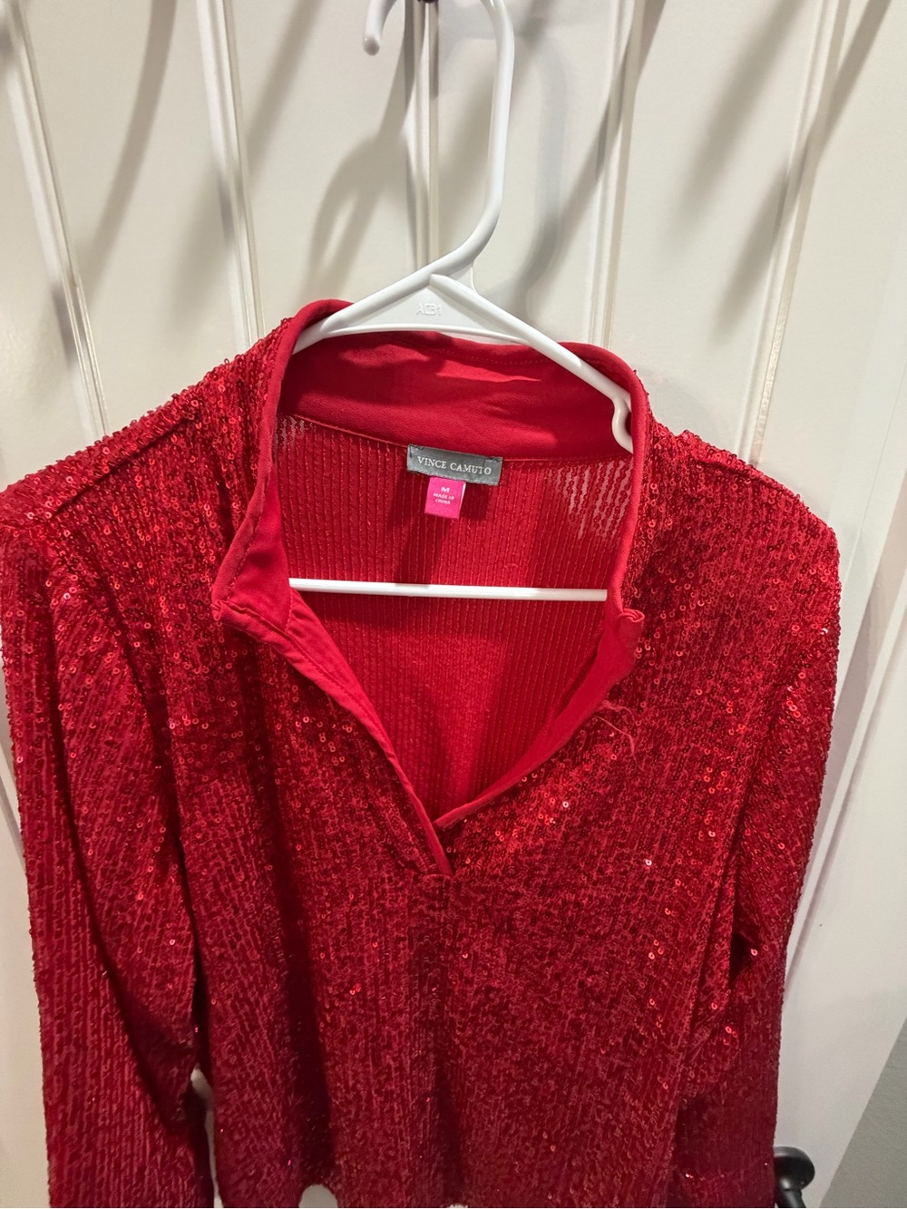 Vince Camuto Red Sequin V-Neck Pullover